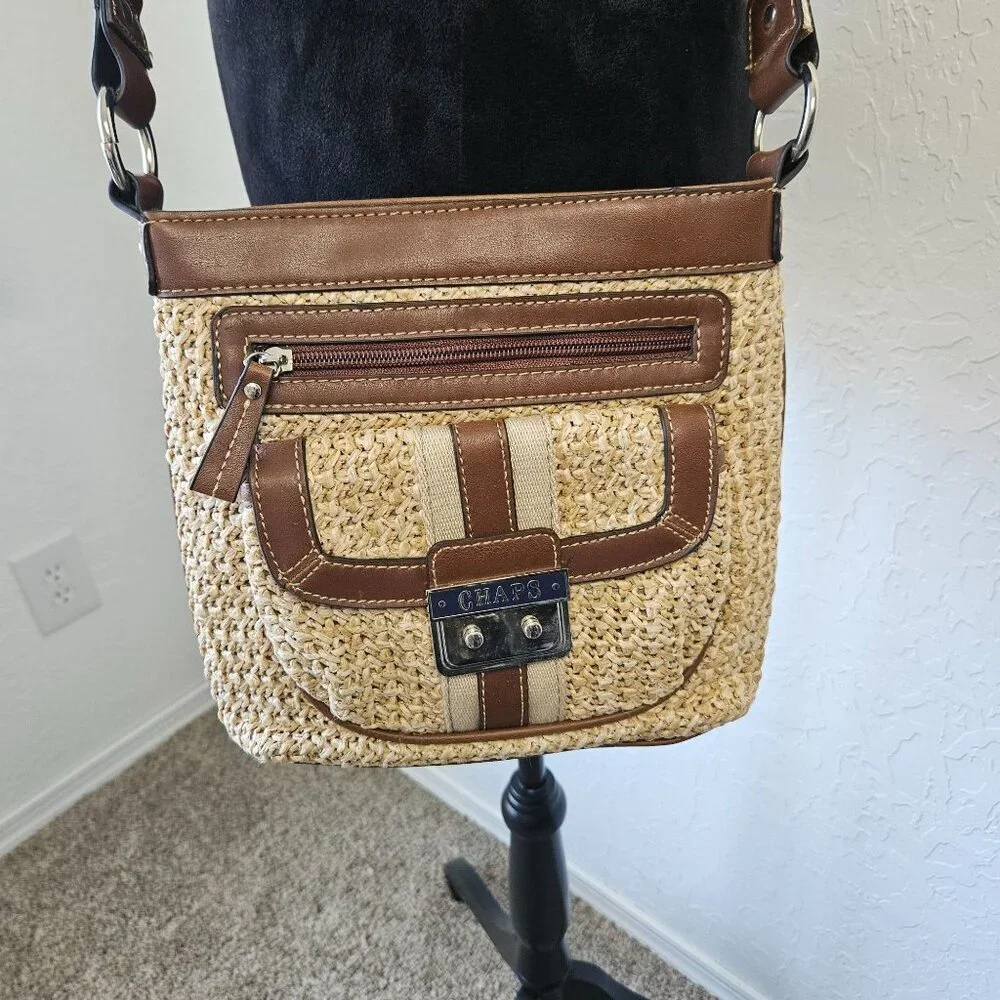 Chaps Straw & Faux Leather Crossbody Bag satchel purse Boho Cottage core Hippie - Picture 5 of 16
